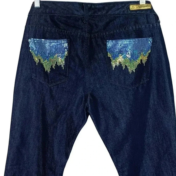 Express New Stella Boot Leg Embellished Denim Blue Waxed Jeans Sequins Size 12 - Picture 3 of 14